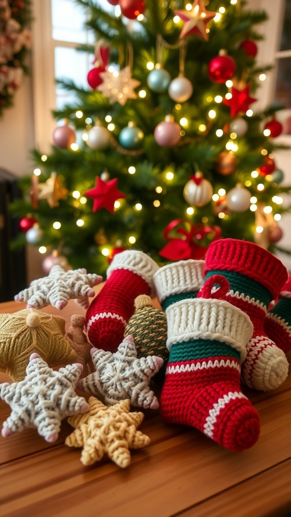 A collection of knitted Christmas ornaments including snowflakes and stockings on a wooden table with a Christmas tree in the background.